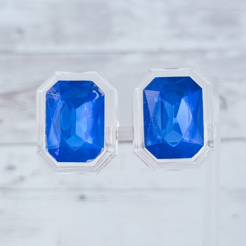 Vintage Clip On Earrings - Large Clear & Blue Statement Earrings 1.25" Glam